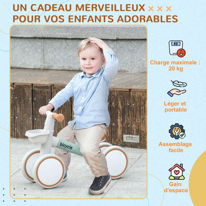 Draisienne 4 roues enfant 56 x 27 x 39 cm selle réglable guidon très ergonomique scandinave en alliage d'aluminium vert 21_0000564