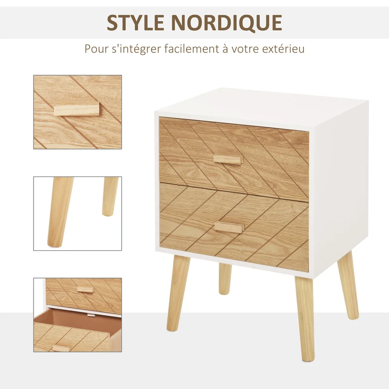 Chiffonnier de chevet 2 tiroirs 40 x 30 x 56 cm gain de place rangement optimisé style scandinave épuré en bois blanc 21_0001433