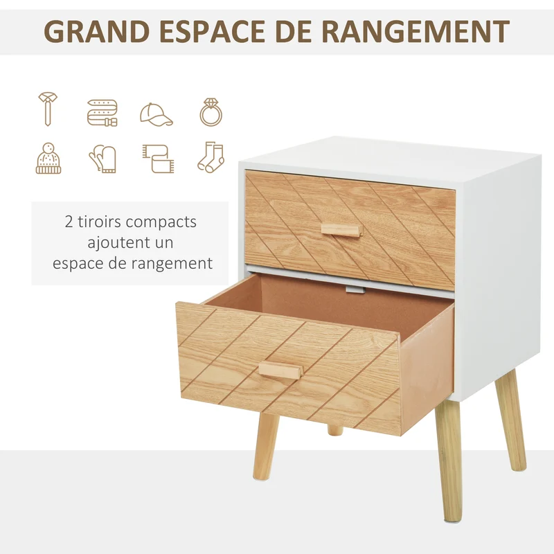 Chiffonnier de chevet 2 tiroirs 40 x 30 x 56 cm gain de place rangement optimisé style scandinave épuré en bois blanc 21_0001433