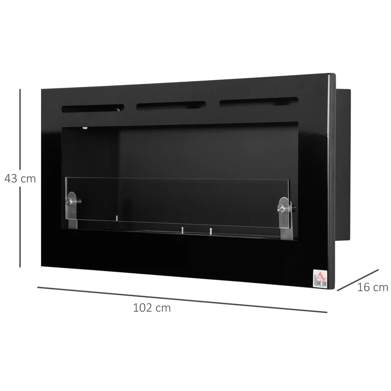 Cheminée bioéthanol murale encastrable 102 x 16 x 43 cm chauffe 30 m² flammes sans fumée moderne épuré en métal noir 21_0001129