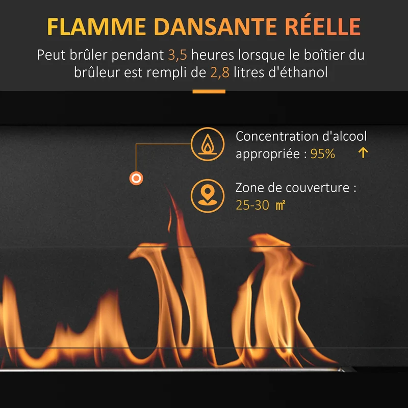 Cheminée bioéthanol murale encastrable 102 x 16 x 43 cm chauffe 30 m² flammes sans fumée moderne épuré en métal noir 21_0001129