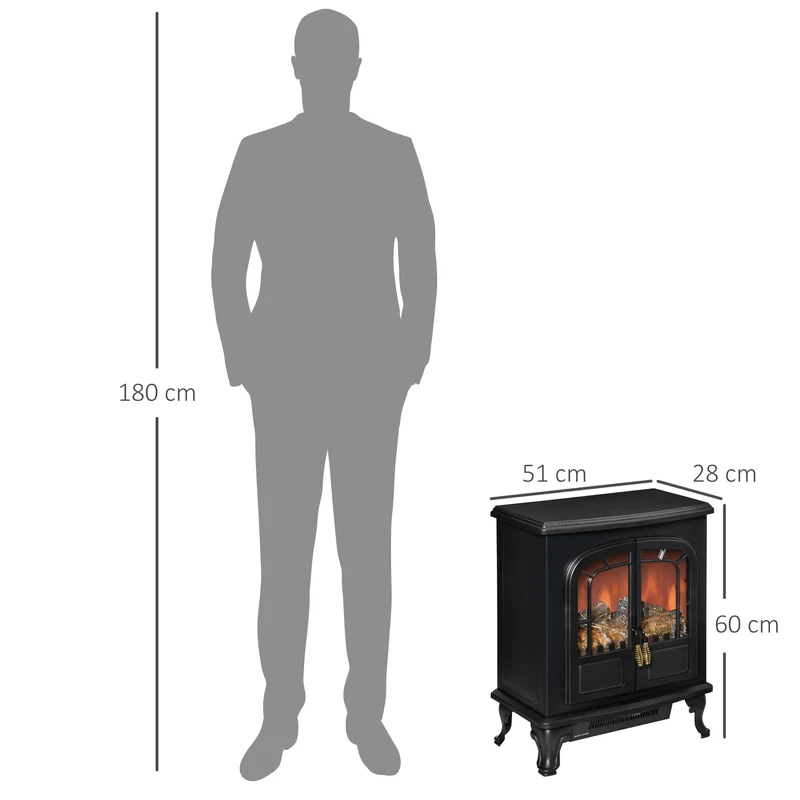 Cheminnée électrique poêle 51 x 28 x 60 cm chauffage réglable 1000 2000 w effet flammes réglable rétro cosy en acier noir 21_0001117