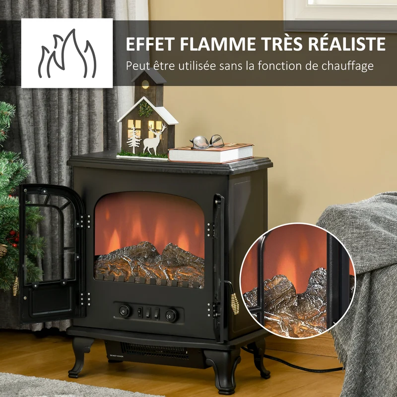 Cheminnée électrique poêle 51 x 28 x 60 cm chauffage réglable 1000 2000 w effet flammes réglable rétro cosy en acier noir 21_0001117
