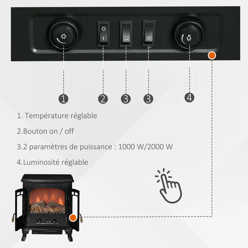 Cheminnée électrique poêle 51 x 28 x 60 cm chauffage réglable 1000 2000 w effet flammes réglable rétro cosy en acier noir 21_0001117
