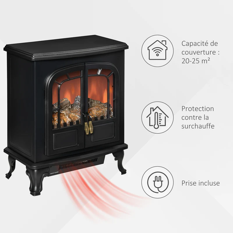 Cheminnée électrique poêle 51 x 28 x 60 cm chauffage réglable 1000 2000 w effet flammes réglable rétro cosy en acier noir 21_0001117