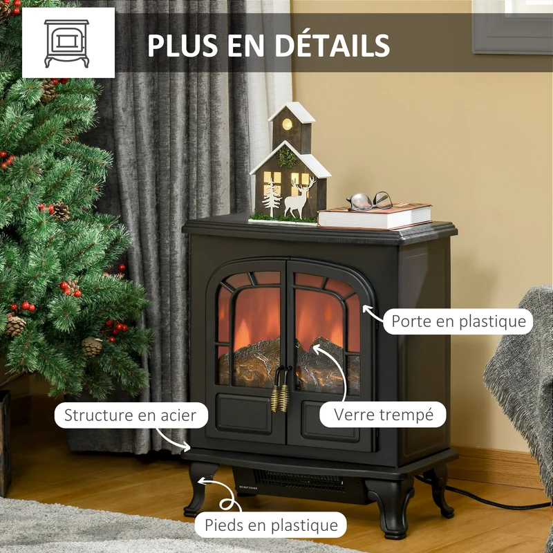 Cheminnée électrique poêle 51 x 28 x 60 cm chauffage réglable 1000 2000 w effet flammes réglable rétro cosy en acier noir 21_0001117
