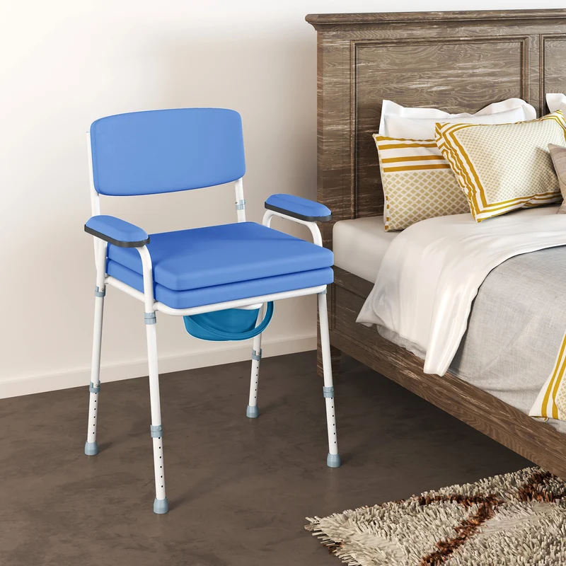Chaise percée d'aisance 61 x 54 x 102 cm hauteur réglable seau amovible usage médical moderne épuré en acier bleu clair 21_0000900