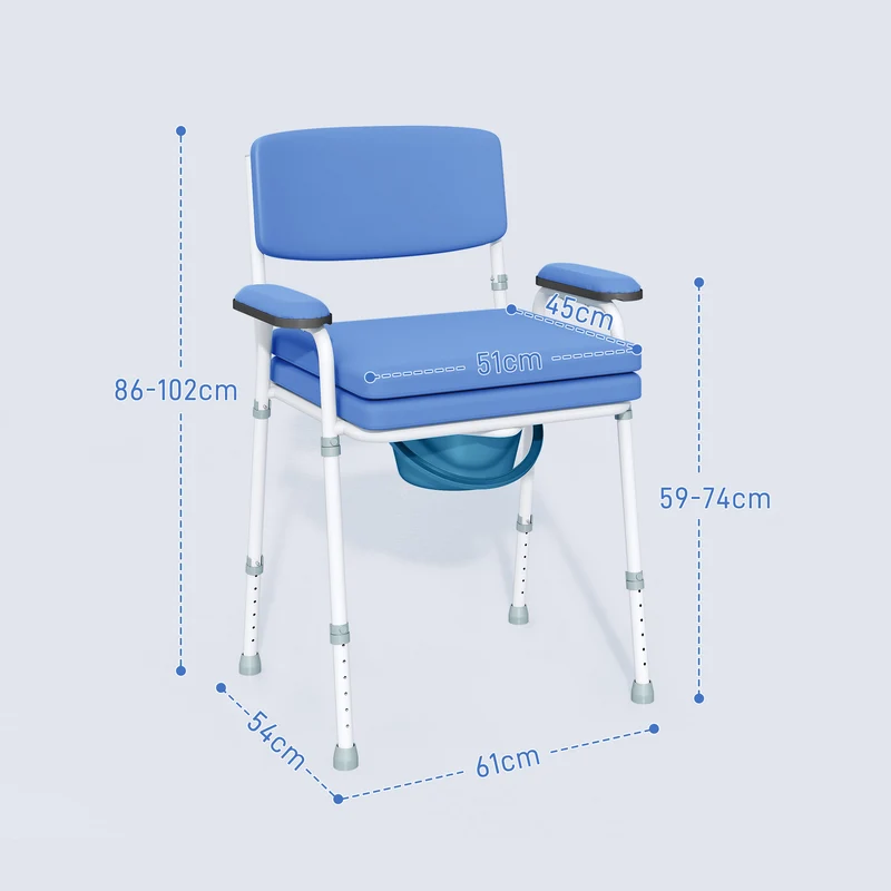Chaise percée d'aisance 61 x 54 x 102 cm hauteur réglable seau amovible usage médical moderne épuré en acier bleu clair 21_0000900