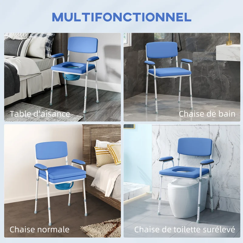 Chaise percée d'aisance 61 x 54 x 102 cm hauteur réglable seau amovible usage médical moderne épuré en acier bleu clair 21_0000900