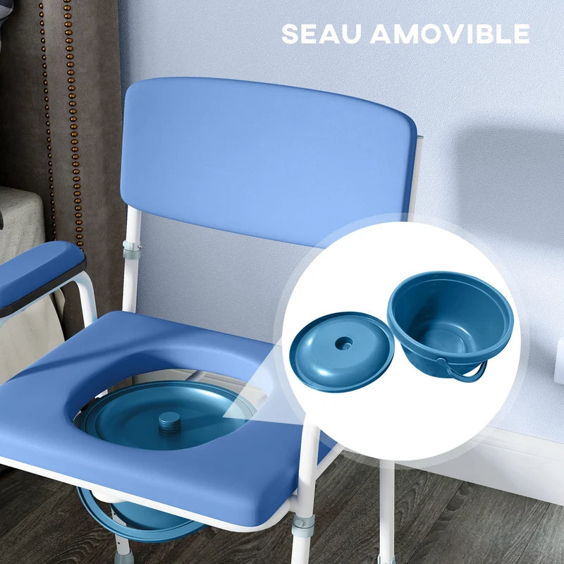 Chaise percée d'aisance 61 x 54 x 102 cm hauteur réglable seau amovible usage médical moderne épuré en acier bleu clair 21_0000900