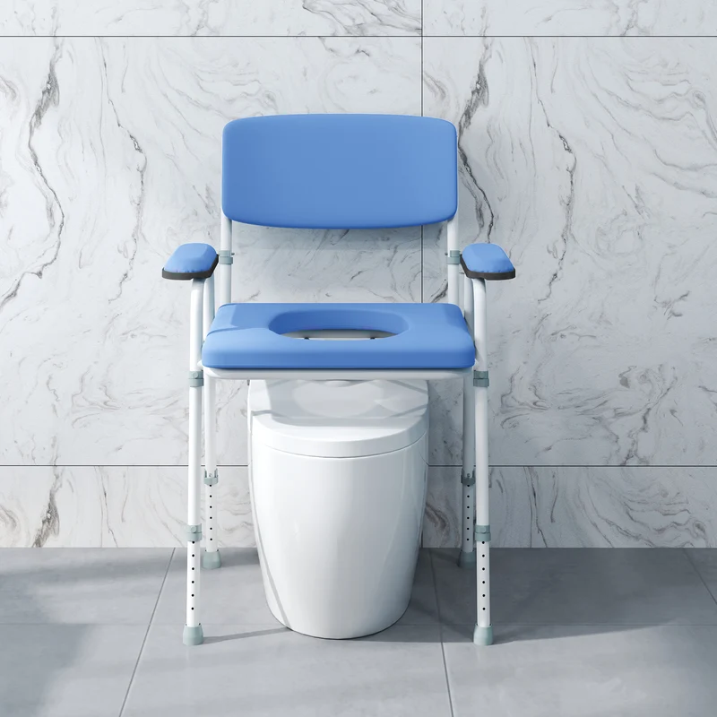 Chaise percée d'aisance 61 x 54 x 102 cm hauteur réglable seau amovible usage médical moderne épuré en acier bleu clair 21_0000900