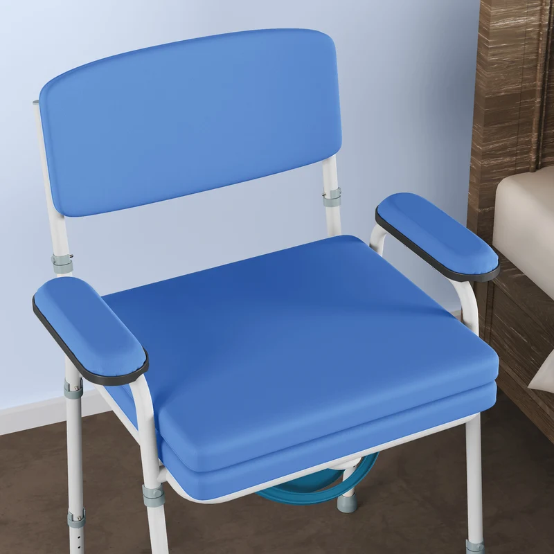 Chaise percée d'aisance 61 x 54 x 102 cm hauteur réglable seau amovible usage médical moderne épuré en acier bleu clair 21_0000900