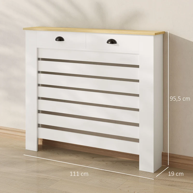 Cache-radiateur à lattes horizontales avec 2 tiroirs 111 x 19 x 96 cm protège enfants animaux moderne épuré en MDF blanc 21_0001138