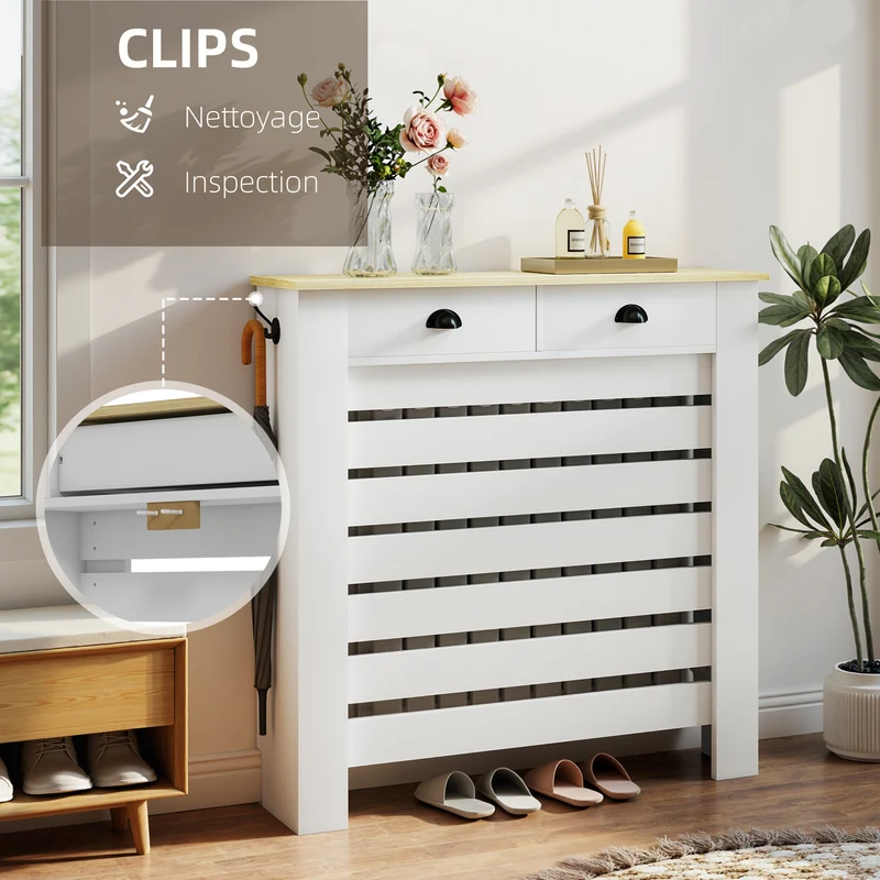 Cache-radiateur à lattes horizontales avec 2 tiroirs 111 x 19 x 96 cm protège enfants animaux moderne épuré en MDF blanc 21_0001138