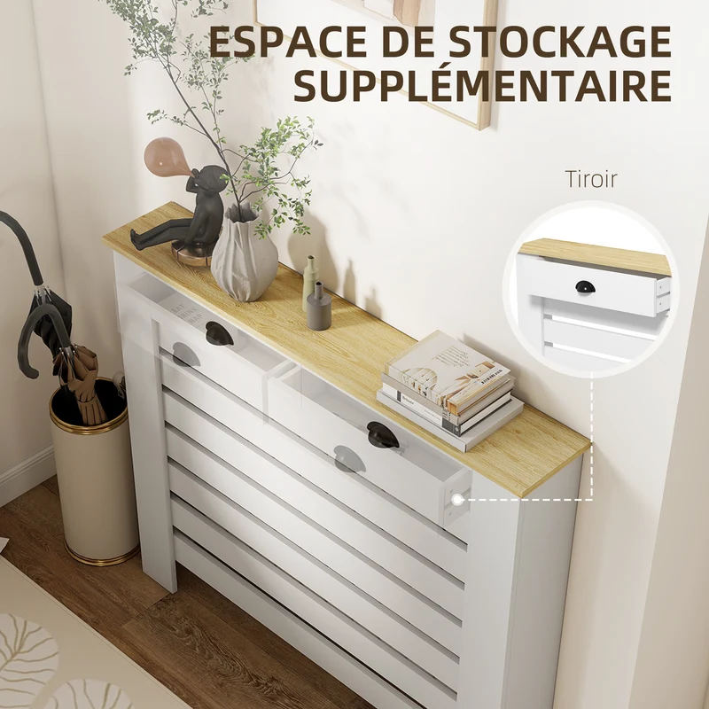 Cache-radiateur à lattes horizontales avec 2 tiroirs 111 x 19 x 96 cm protège enfants animaux moderne épuré en MDF blanc 21_0001138