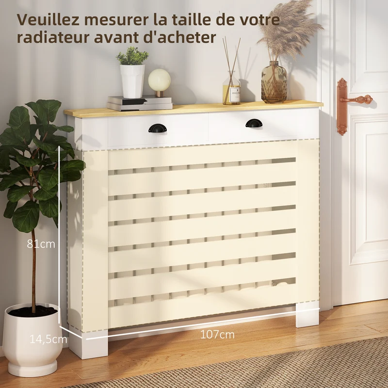 Cache-radiateur à lattes horizontales avec 2 tiroirs 111 x 19 x 96 cm protège enfants animaux moderne épuré en MDF blanc 21_0001138