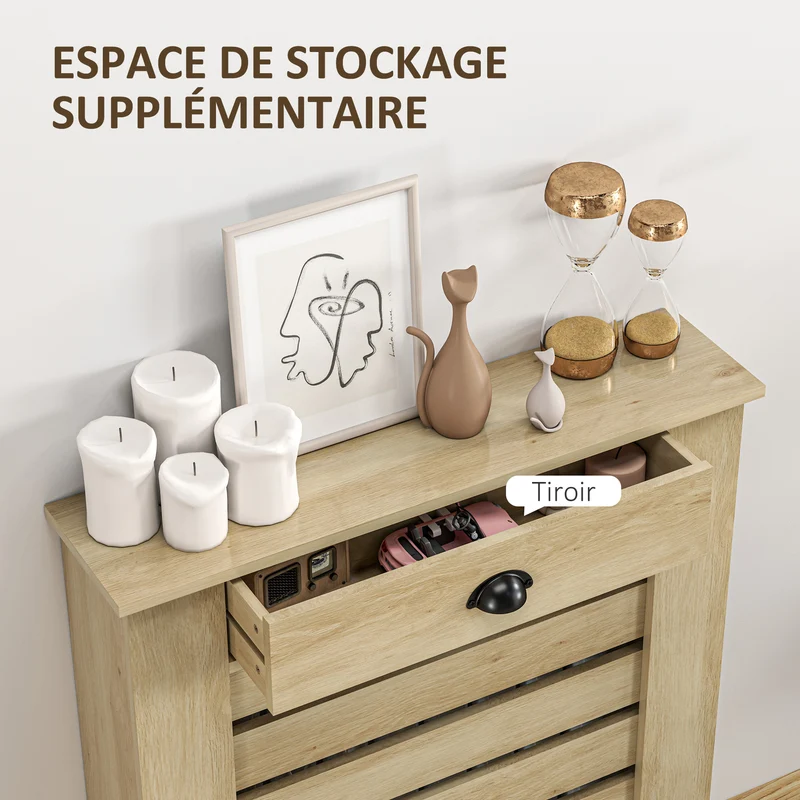 Cache-radiateur mural à lattes horizontales 78 x 19 x 95,5 cm protège enfants tiroir rangement moderne en MDF chêne 21_0001135