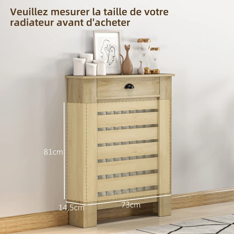 Cache-radiateur mural à lattes horizontales 78 x 19 x 95,5 cm protège enfants tiroir rangement moderne en MDF chêne 21_0001135