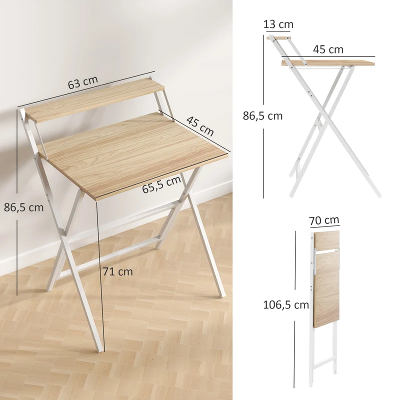 Bureau pliable petits espaces 70 x 62 x 86,5 cm gain de place cadre en x stable scandinave finition mate en MDF blanc 21_0002527