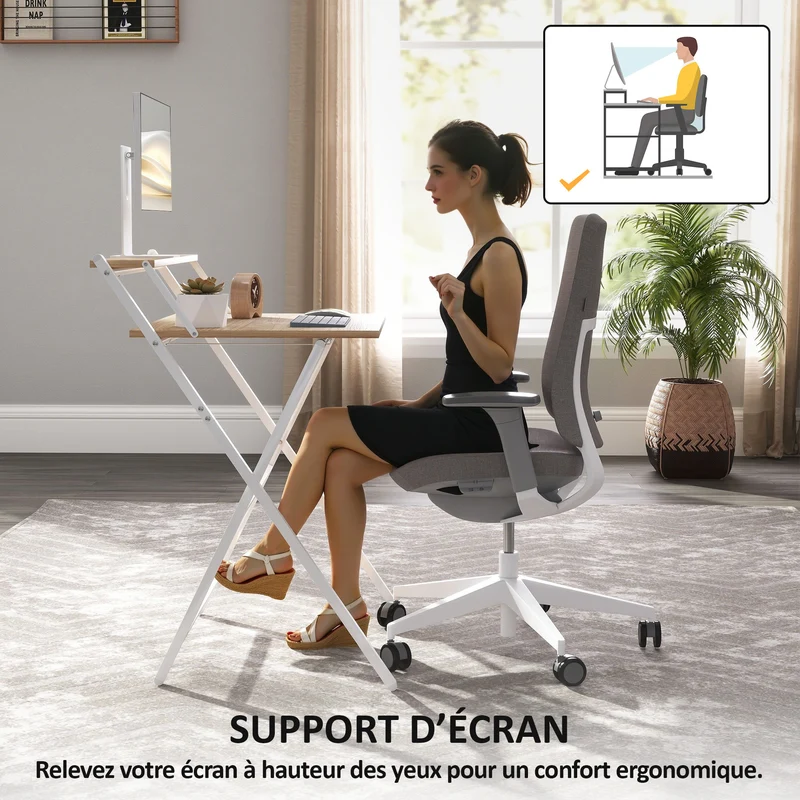 Bureau pliable petits espaces 70 x 62 x 86,5 cm gain de place cadre en x stable scandinave finition mate en MDF blanc 21_0002527