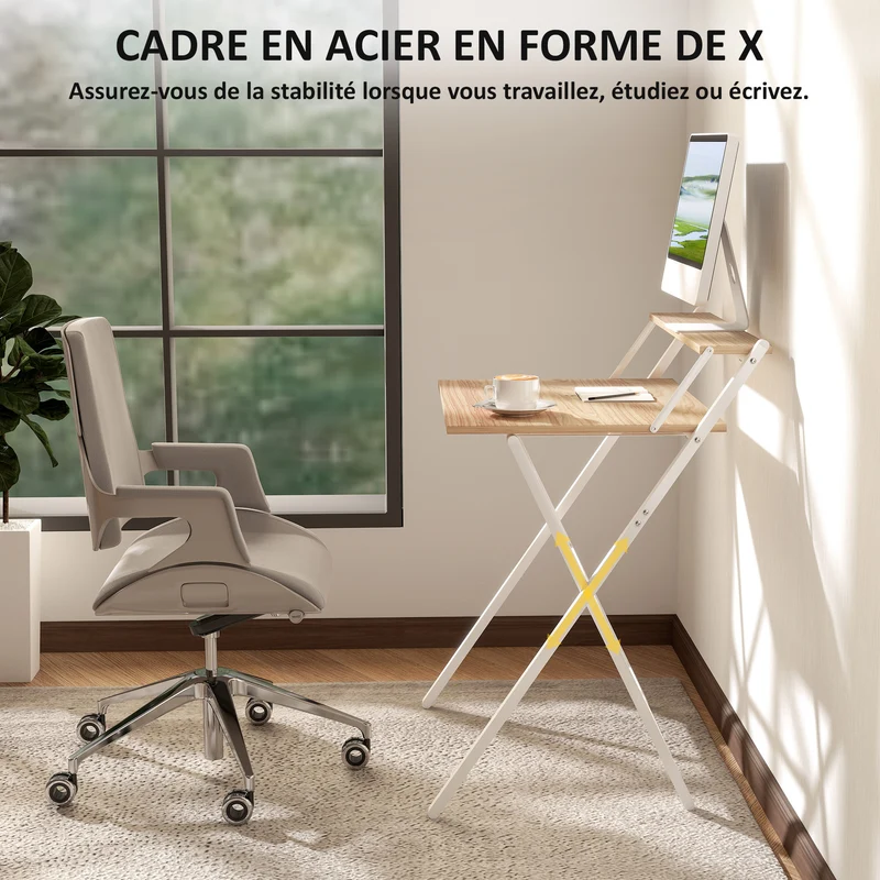 Bureau pliable petits espaces 70 x 62 x 86,5 cm gain de place cadre en x stable scandinave finition mate en MDF blanc 21_0002527