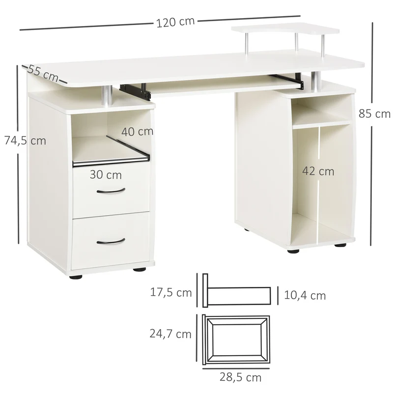 Bureau informatique 120 x 55 x 85 cm grand plateau tablette clavier contemporain design en panneaux de particules blanc 21_0006115