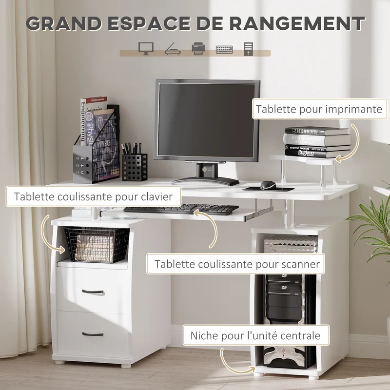 Bureau informatique 120 x 55 x 85 cm grand plateau tablette clavier contemporain design en panneaux de particules blanc 21_0006115