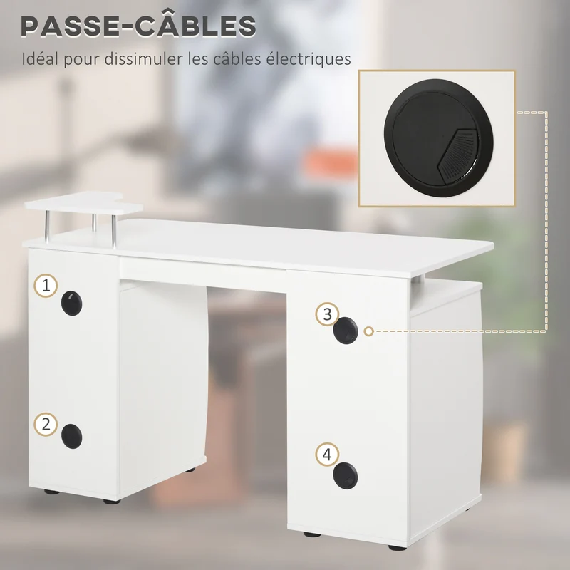 Bureau informatique 120 x 55 x 85 cm grand plateau tablette clavier contemporain design en panneaux de particules blanc 21_0006115