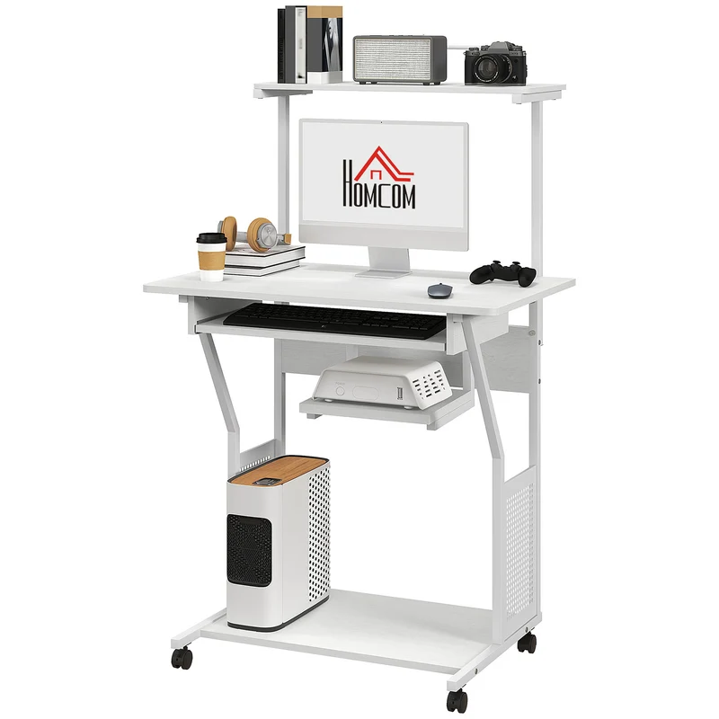 Bureau d'ordinateur roulant utile 80 x 50 x 130 cm plateau clavier étagères roues moderne en panneau de particules blanc 21_0006133