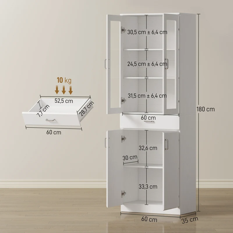 Buffet grand de cuisine rangement 60 x 35 x 180 cm portes en verre et étagères réglables moderne épuré en MDF blanc 21_0003378
