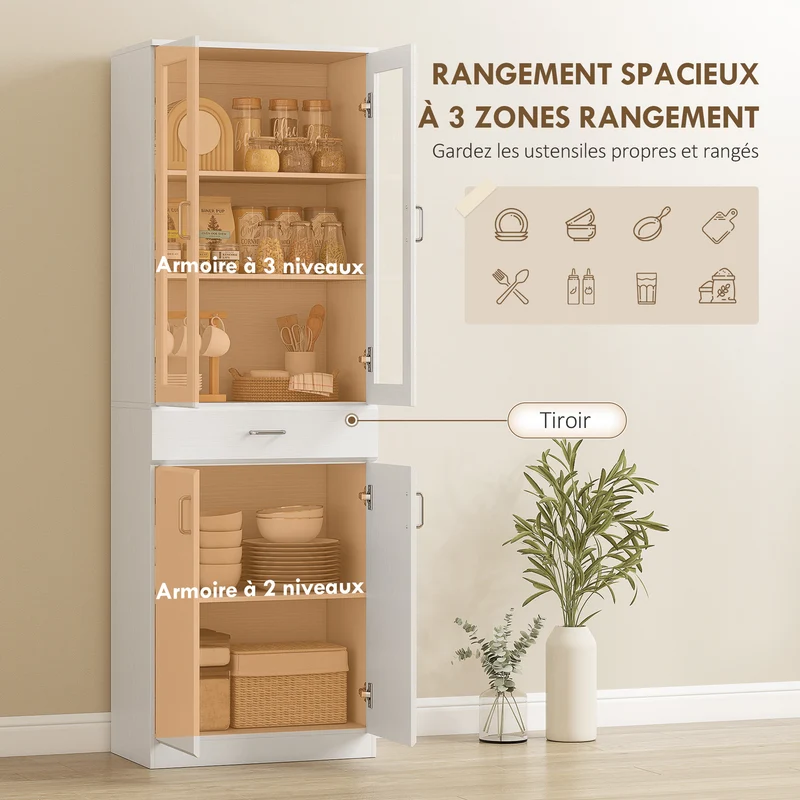 Buffet grand de cuisine rangement 60 x 35 x 180 cm portes en verre et étagères réglables moderne épuré en MDF blanc 21_0003378