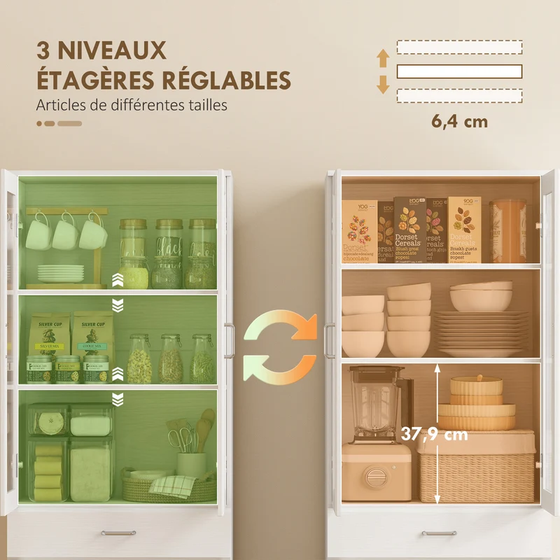 Buffet grand de cuisine rangement 60 x 35 x 180 cm portes en verre et étagères réglables moderne épuré en MDF blanc 21_0003378