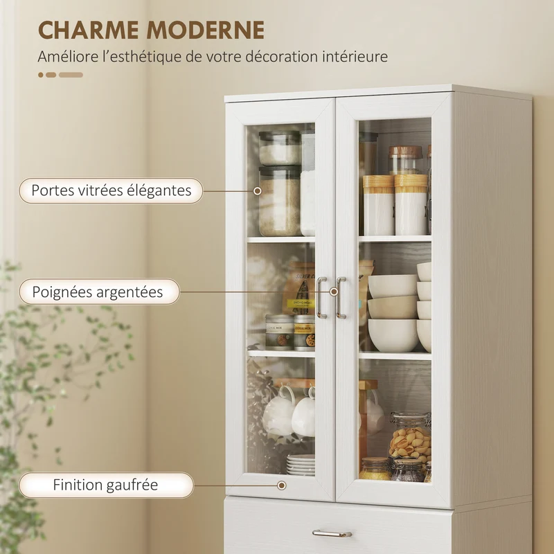 Buffet grand de cuisine rangement 60 x 35 x 180 cm portes en verre et étagères réglables moderne épuré en MDF blanc 21_0003378