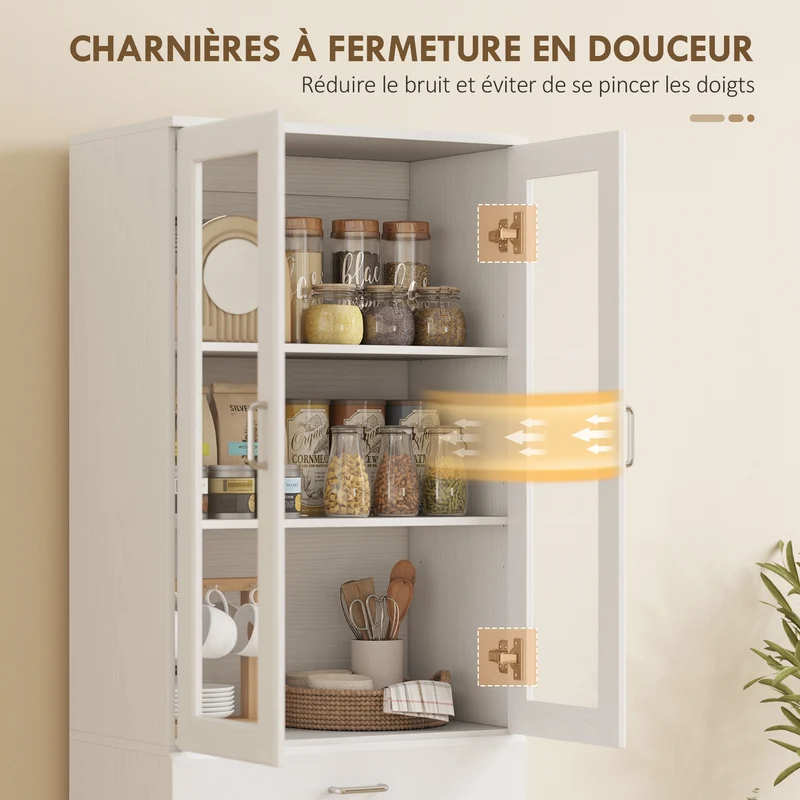 Buffet grand de cuisine rangement 60 x 35 x 180 cm portes en verre et étagères réglables moderne épuré en MDF blanc 21_0003378