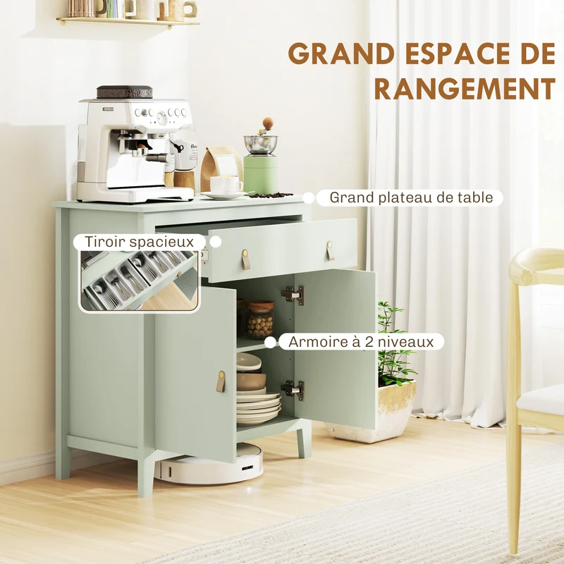 Buffet de salon 80 x 40 x 90 cm tiroir silencieux étagère réglable contemporain en panneau de particules vert clair 21_0003487