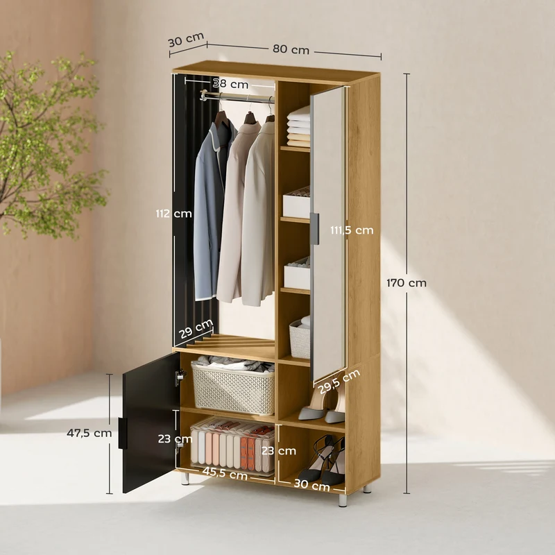 Armoire penderie chambre 80 x 30 x 170 cm miroir en pied tringle sangle anti basculement épuré moderne en MDF naturel 21_0001668