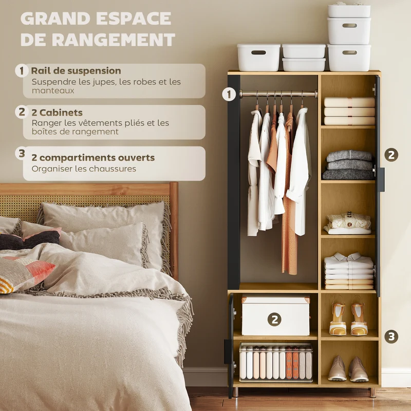 Armoire penderie chambre 80 x 30 x 170 cm miroir en pied tringle sangle anti basculement épuré moderne en MDF naturel 21_0001668