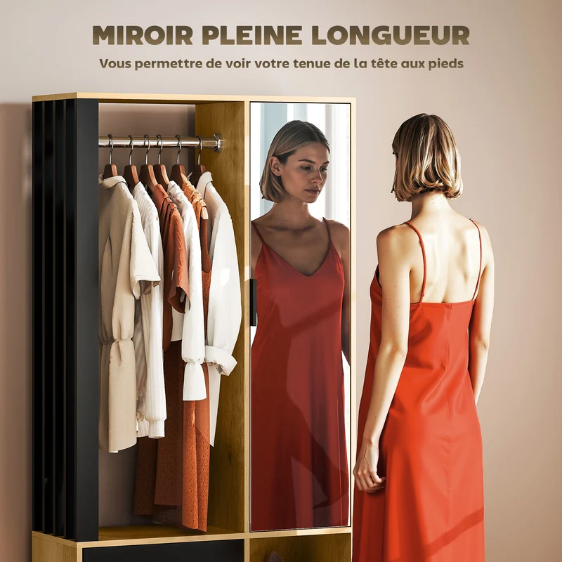 Armoire penderie chambre 80 x 30 x 170 cm miroir en pied tringle sangle anti basculement épuré moderne en MDF naturel 21_0001668