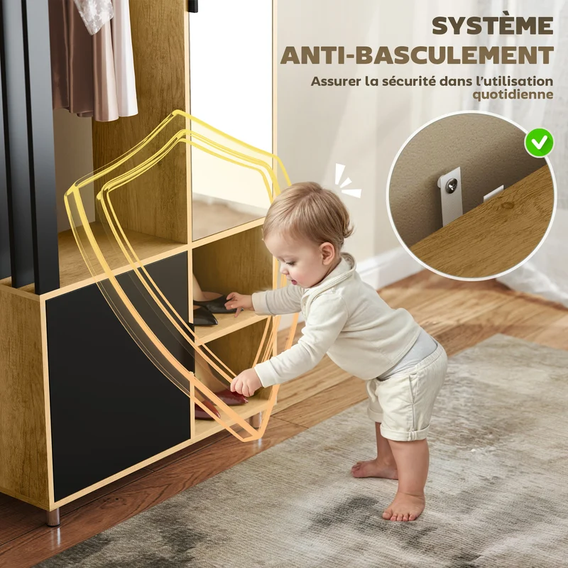 Armoire penderie chambre 80 x 30 x 170 cm miroir en pied tringle sangle anti basculement épuré moderne en MDF naturel 21_0001668
