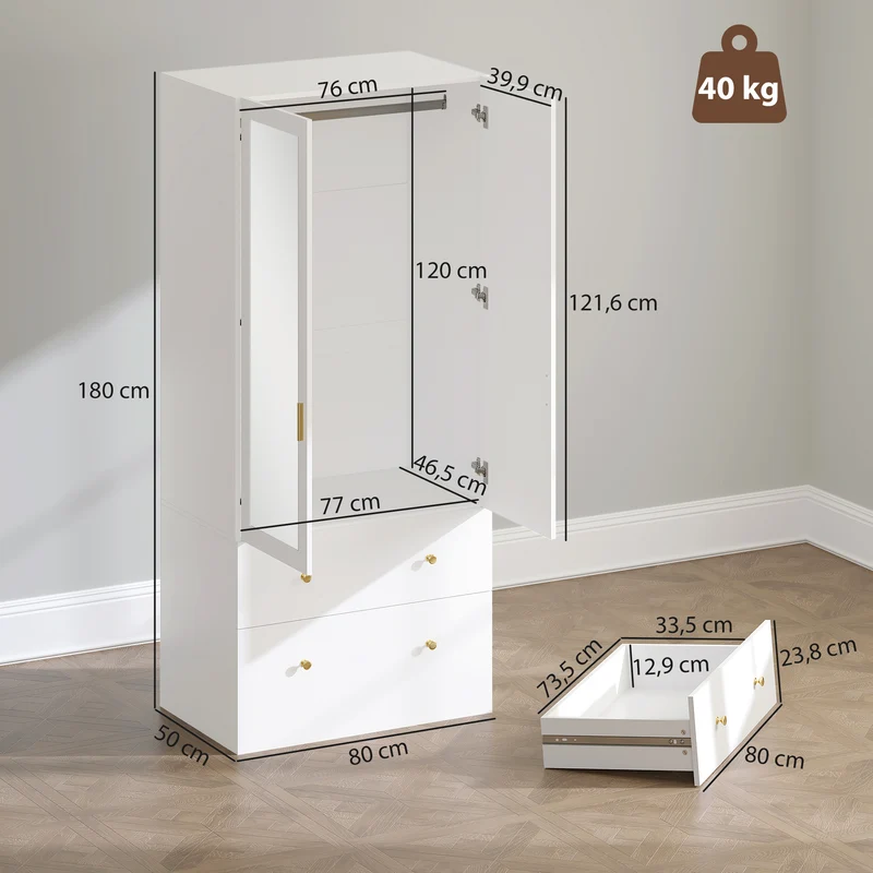Armoire penderie avec miroir 80 x 50 x 180 cm grand espace et sécurité anti-basculement style moderne épuré en MDF blanc 21_0003746