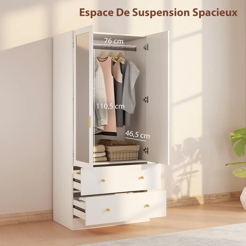 Armoire penderie avec miroir 80 x 50 x 180 cm grand espace et sécurité anti-basculement style moderne épuré en MDF blanc 21_0003746