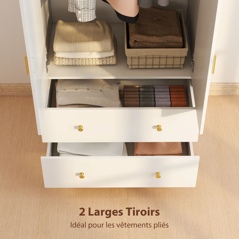 Armoire penderie avec miroir 80 x 50 x 180 cm grand espace et sécurité anti-basculement style moderne épuré en MDF blanc 21_0003746