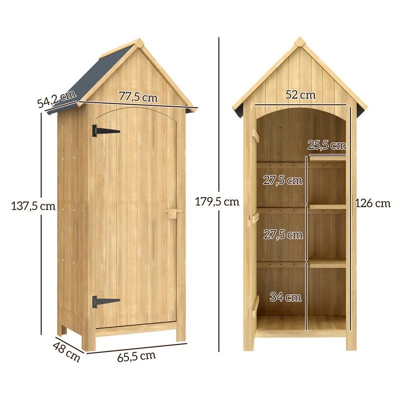 Armoire de jardin 77,5 x 54,2 x 179,5 cm porte loquet 3 étagères rangement gain de place solide rustique en bois naturel 21_0004125