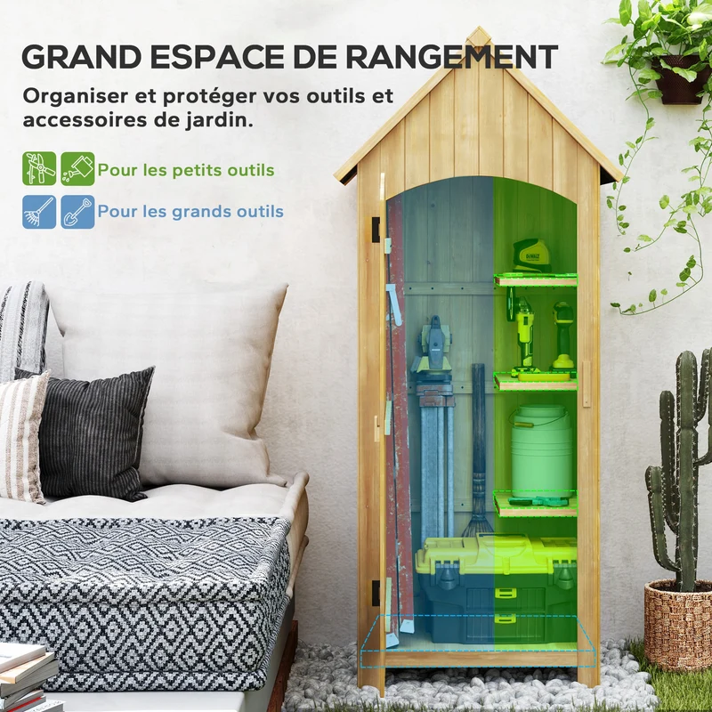 Armoire de jardin 77,5 x 54,2 x 179,5 cm porte loquet 3 étagères rangement gain de place solide rustique en bois naturel 21_0004125
