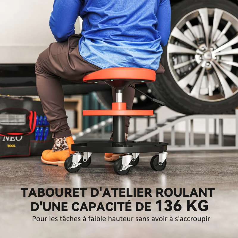 Tabouret d'atelier à roulettes hauteur réglable 38 x 38 x 40-51 cm assise rembourrée design industriel en acier jaune 21_0007180