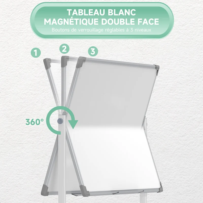 Tableau blanc magnétique double face 120 x 90 x 1,8 cm rotatif verrouillable pour écoles et bureaux design en acier blanc 21_0006097