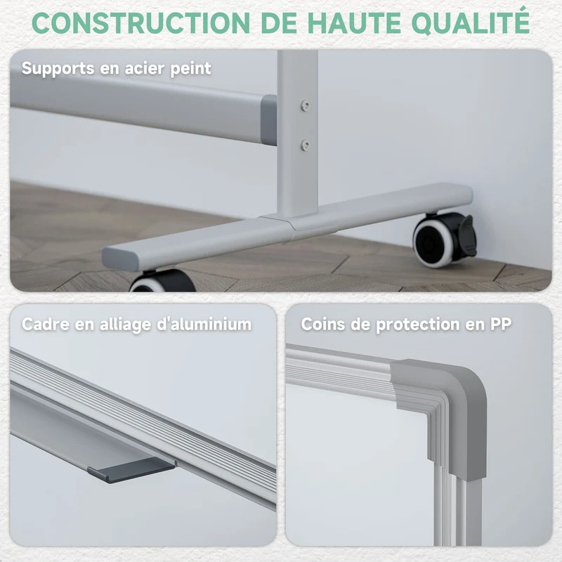 Tableau blanc magnétique double face 120 x 90 x 1,8 cm rotatif verrouillable pour écoles et bureaux design en acier blanc 21_0006097