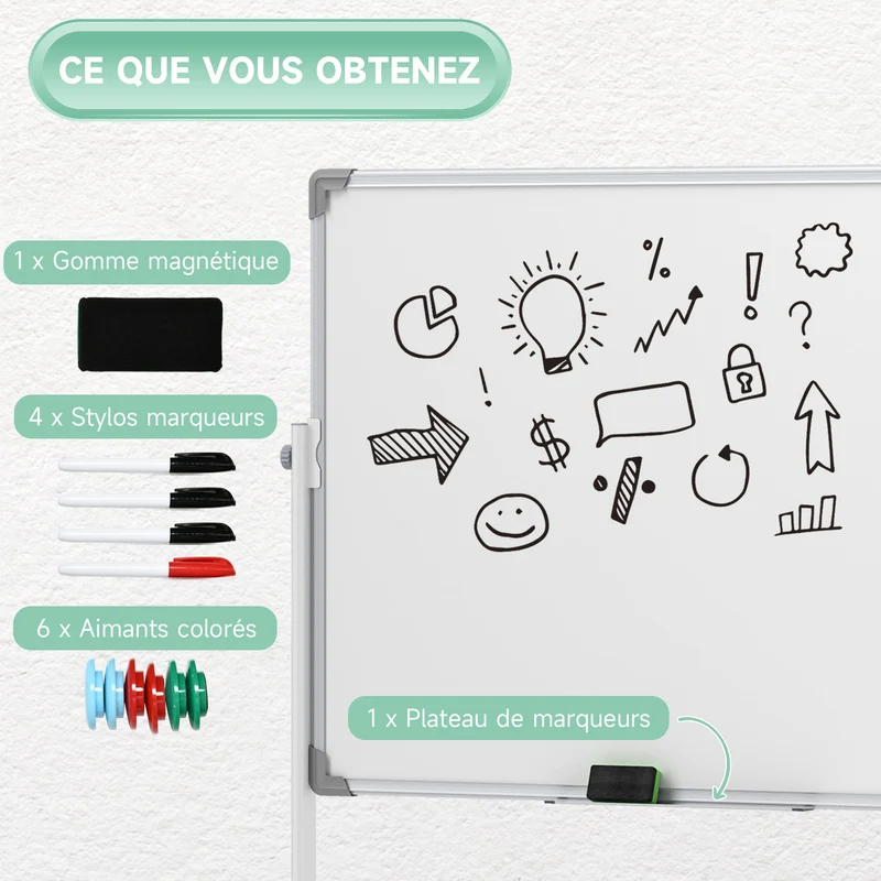 Tableau blanc magnétique double face 120 x 90 x 1,8 cm rotatif verrouillable pour écoles et bureaux design en acier blanc 21_0006097