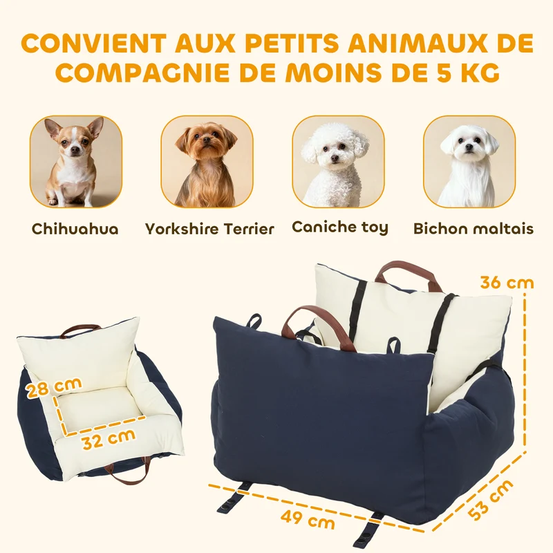 Siège auto pour chien 49 x 53 x 36 cm assise rembourrée double sangles sécurité moderne en toile de coton bleu marine 21_0007260
