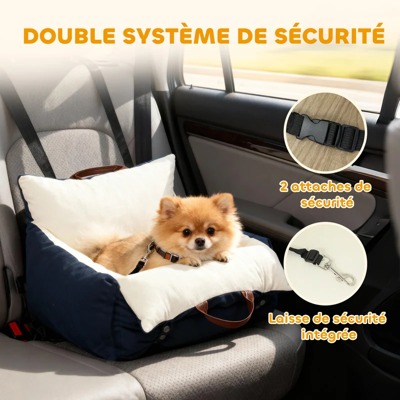 Siège auto pour chien 49 x 53 x 36 cm assise rembourrée double sangles sécurité moderne en toile de coton bleu marine 21_0007260